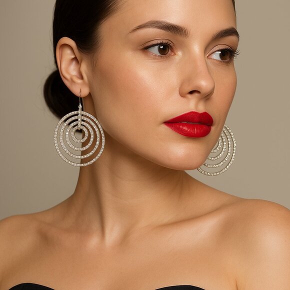 Vintage Signed 925 Sterling Silver Fish Hook Pave CZ Concentric Dangle Earrings - Picture 1 of 7